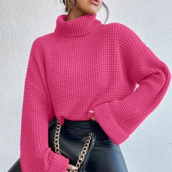 Hot Pink Casual Women's Loose Fit Turtleneck Drop Shoulder Sweater - Picture 3 of 6